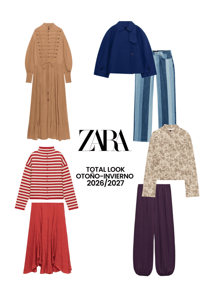 Conjunto de moda otoño-invierno 2026/2027 de Zara, que incluye un vestido largo beige, una chaqueta azul, un top de estampado floral, un suéter de rayas rojas y un pantalón morado.