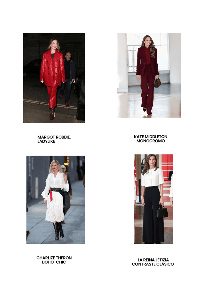 Margot Robbie vistiendo un traje rojo, estilo lady-like.